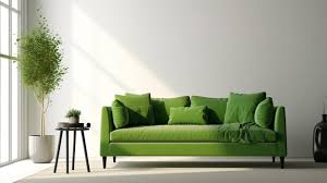 a bright living room with a green sofa
