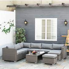 outsunny 6 pieces patio furniture set outdoor wicker sofa set aluminum frame pe rattan conversation furniture grey aosom canada