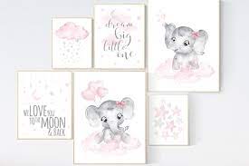 Elephant Pink Grey Nursery Decor Girl