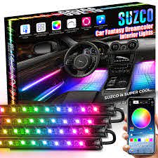 Suzco 4pcs Car Rainbow Interior Lights Car Led Strip Light Waterproof With 210 Modes App Smart Controller Multi Diy Color Music Under Dash Car Lighting Kit With Car Charger Dc 12v