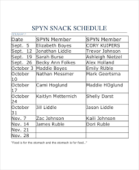 Snack Schedule Template 7 Free Word Excel Pdf Document
