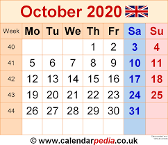 Calendar October 2020 Uk Bank Holidays Excel Pdf Word