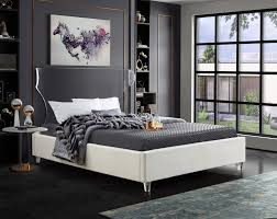 This bedroom shows off gray's whimsical side with the aforementioned dots on the european shams and the curtains. Hs 1p Modern Queen Size Bed Bedroom Furniture Cream Velvet Acrylic Headboard Legs