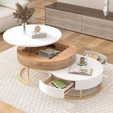 Modern Nesting 31 5 In W Antique White And Natural Round Lift Top Mdf Coffee Table With Drawers