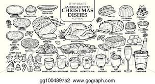 Stock your cookie box with these must make christmas cookie recipes. Vector Stock Set Of Isolated Traditional American Style Christmas Dishes In 27 Menu Cute Hand Drawn Food Vector Illustration In Dark Gray Outline And White Plane Clipart Illustration Gg100489752 Gograph