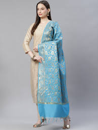 Blue & Gold Woven Banarasi Silk Dupatta - mokshi