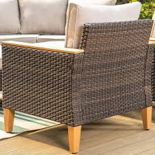 Phi Villa Brown Rattan Wicker 9 Seat 10 Piece Steel Outdoor Patio Conversation Set With Beige Cushions Rectangular Fire Pit Table
