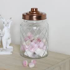 embossed glass jar with copper lid