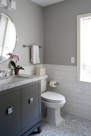 gray bathroom with black washstand
