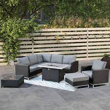 Mille Lacs Black 9 Piece Wicker Outdoor Patio Conversation Sectional Sofa Set With A Fire Pit And Dark Grey Cushions