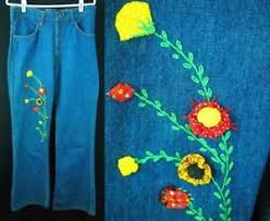 Details About Vtg 70s Sears Jeans Joint Indigo High Waist Jeans Floral Embroidery Hippie 33x31