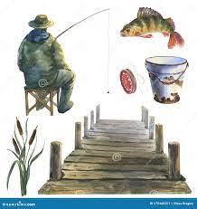 набор иллюстраций для акварели рыбака рыбака рыбака рыбака рыбачит с  наживкой ведром, рыбой-кожей Стоковое Изображение - изображение  насчитывающей напольно, задвижка: 275466251