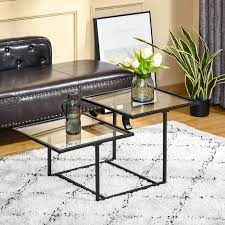 Homcom Modern Coffee Table With Tempered Glass Tabletops 2 Tier Accent Side Table With Metal Frame Adjustable Foot For Living Room Aosom Canada