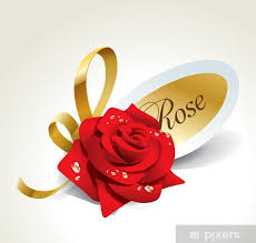 Poster Rose rouge dans les gouttes de rosée avec ruban doré et un  autocollant de papier. • Pixers® - Nous vivons pour changer