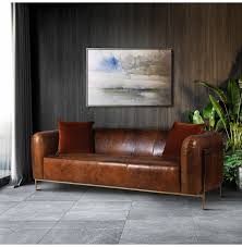 gold and brown leather 3 seater sofa