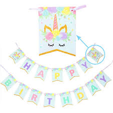 Unicorn Theme One Year Baby Shower Happy Birthday Letter Card Flags