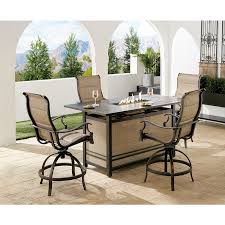 Hanover Traditions 5 Piece High Dining Set In Tan With 4 Padded Counter Height Swivel Chairs And A 30 000 Btu Fire Pit Dining Table