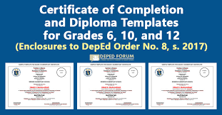 The legal name of this government agency is the department of education and its communicative name is deped. Certificate Of Completion And Diploma Templates For Grades 6 10 And 12 Enclosures To Do No 8 S 2017 Deped Forum
