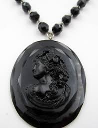 Antique Black French Jet Glass Cameo Pendant Beaded Necklace