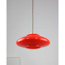 Red Glass And Brass Saucer Pendant Lamp