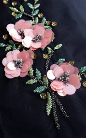 Hand Made Motif With Pink Sequins Flowers And Beaded Leaves