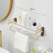 Walnut Wood Gold Bathroom Shelves