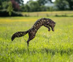 Bronze Leaping Fox Garden Sculpture