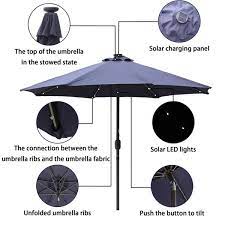 Kadehome 9 Ft Outdoor Beach Umbrella Led Solar Patio Umbrella With Tilt And Crank Without Base In Navy Blue