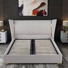 Modern Wingback Bed Microfiber Leather