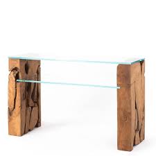 glass console table with teak root base