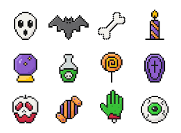 Halloween pixel art ensemble Icônes, ancien, 8 bit, années 80, Années 90  Jeux, ordinateur arcade Jeu articles, fantôme, chauve souris, os, bougie,  la magie balle, poison, sucette, pomme, bonbons, zombi main, œil,