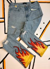 The first is, of course, fabric spray paint; Men S Flame Jeans Handpainted Custom Denim In 2021 Painted Clothes Diy Custom Jeans Diy Painted Jeans