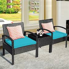 Costway 3pcs Patio Rattan Furniture Set Coffee Table Conversation Sofa Cushioned Turquoise Blue