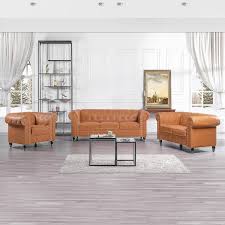 Emery 3 Piece Sofa Set Air Leather Hdn Color Caramel Style 3 Piece Set
