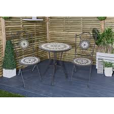 The most common mosaic bistro set material is ceramic. 3 Piece Mosaic Bistro Set Garden Furniture