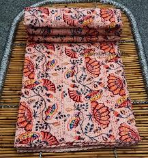 kantha bed cover indian hand print