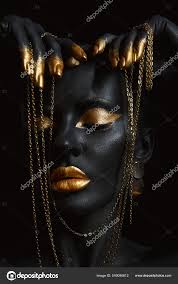 black skin color body art gold chain