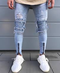 2019 Mens Straight Slim Fit Hole Biker Jeans Light Colored Washed Pencil Pants Ripped Destroyed Denim Jeans Hip Hop Streetwear Blue From Dhgateshark