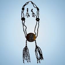 C 1900 Jet Glass Mourning Necklace Earrings Chippewa Lake