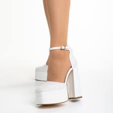 Pantofi dama albi din material textil cu toc Elara - Kalapod