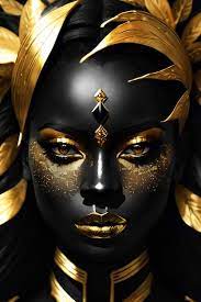 a woman with black and gold face paint