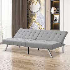 68 In Gray Faux Linen Upholstery Convertible 2 Seater Sleeper Twin Size Sofa Bed Futon With Stainless Legs