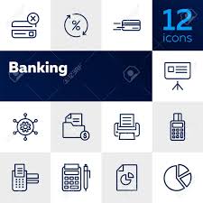 Banking Line Icon Set Credit Card In Motion Payment Chart