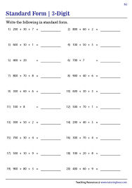 3 Digit Numbers In Standard Form Worksheets