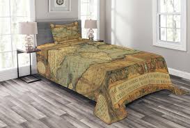 World Map Bedspread Set Ancient Old Chart Vintage Reproduction Of 16th Century Atlas Print Decorative Quilted Coverlet Set With Pillow Shams