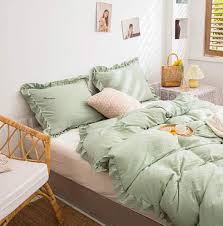ruffled cotton duvet cover in sage
