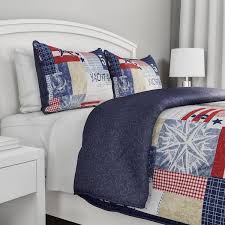 Lavish Home 2 Piece Nautical Red White And Blue Americana Patchwork Print Twin Microfiber Quilt Bedspread Set Multi Colored