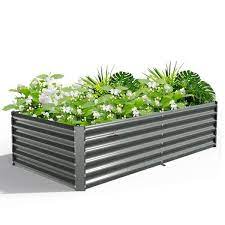 Runesay 96 In Outdoor Alloy Steel Quartz Gray Galvanized Raised Garden Bed Rectangular Planter Boxes For Vegetables Flowers