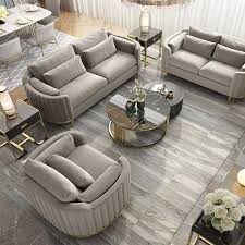Modern Living Room Sets Gray Velvet Upholstered Chair Loveseat Sofa 3 Pieces