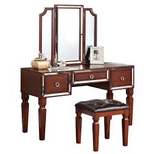 poundex wooden makeup vanity set with tri fold mirror and stool cherry f4220